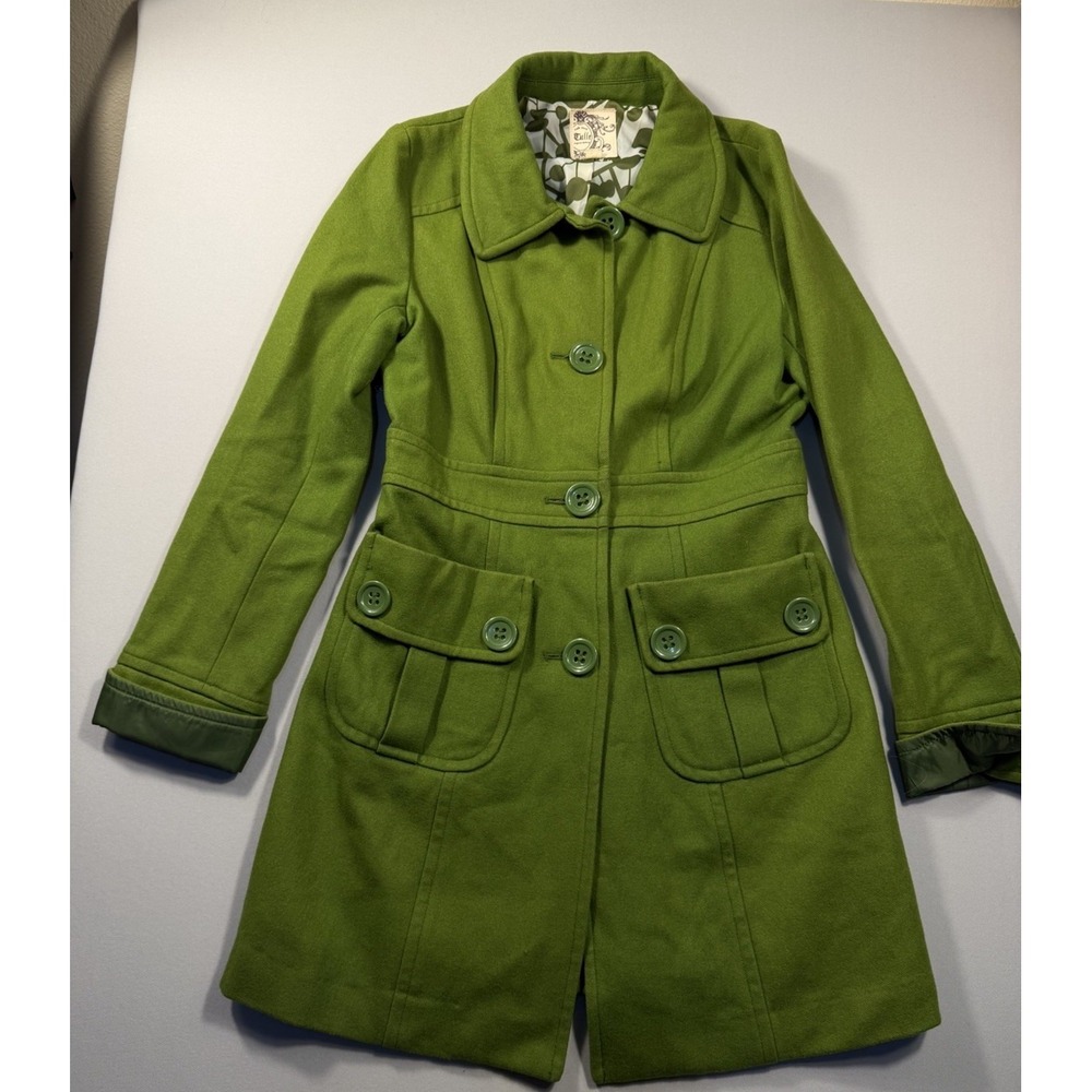 Tulle Clothing Green Wool Blend Pea Coat Retro Mod Button Pleated Pocket Medium
